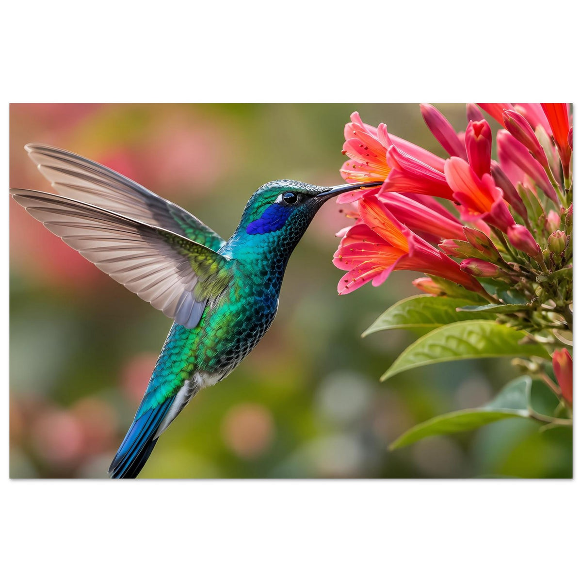 Naturposter mit Kolibri vor rosa Blüten und grünen Blättern, Querformat