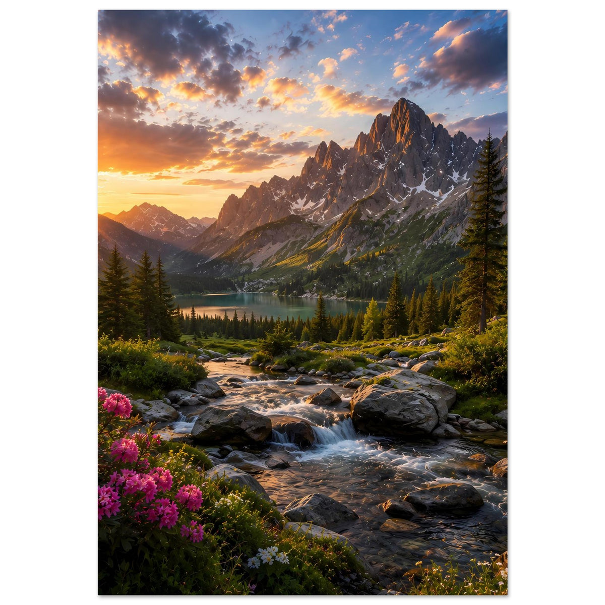 Poster mit Landschaft: Bergkette im Sonnenuntergang, Fluss durch Steine und Wiesen