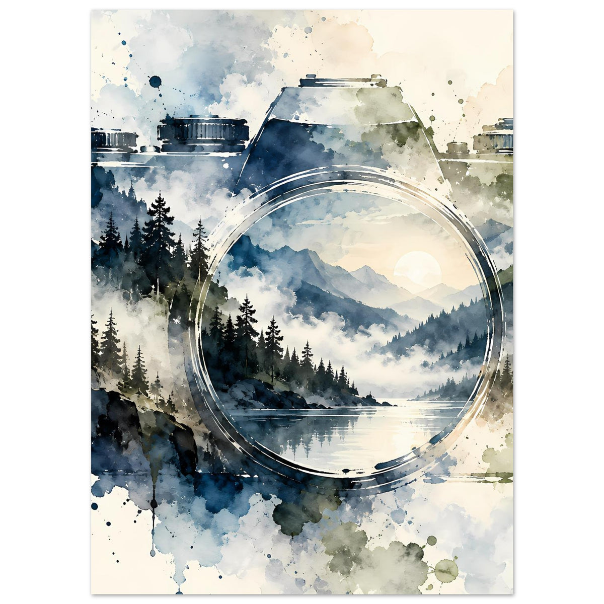 Aquarellposter mit Vintage-Kamera-Motiv: ruhiger See, Bergkulisse und Wald im Linsenrahmen