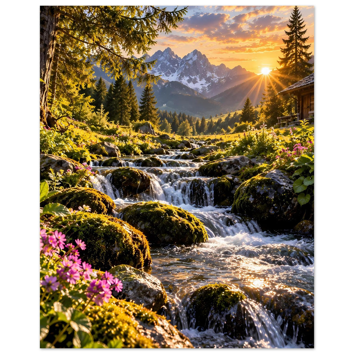 Poster mit Bergbach und Tannen, rosa Blumen links im Vordergrund, Sonnenstrahl