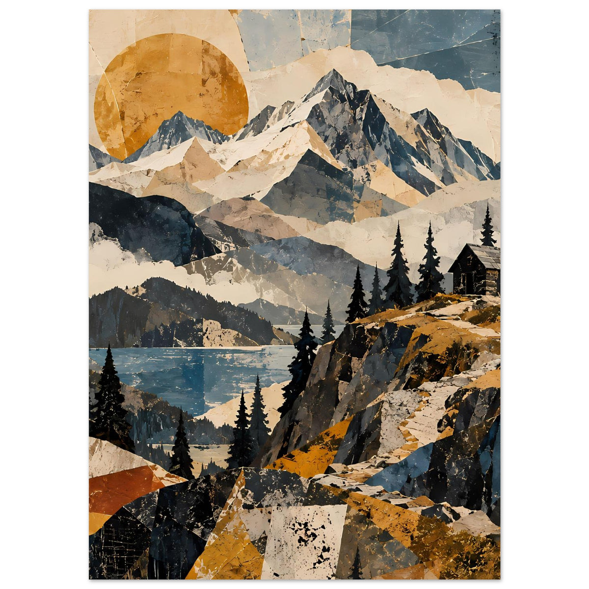 Naturposter mit Bergmassiv, Tannen, blauem See und warmen Akzenten im Collage-Stil