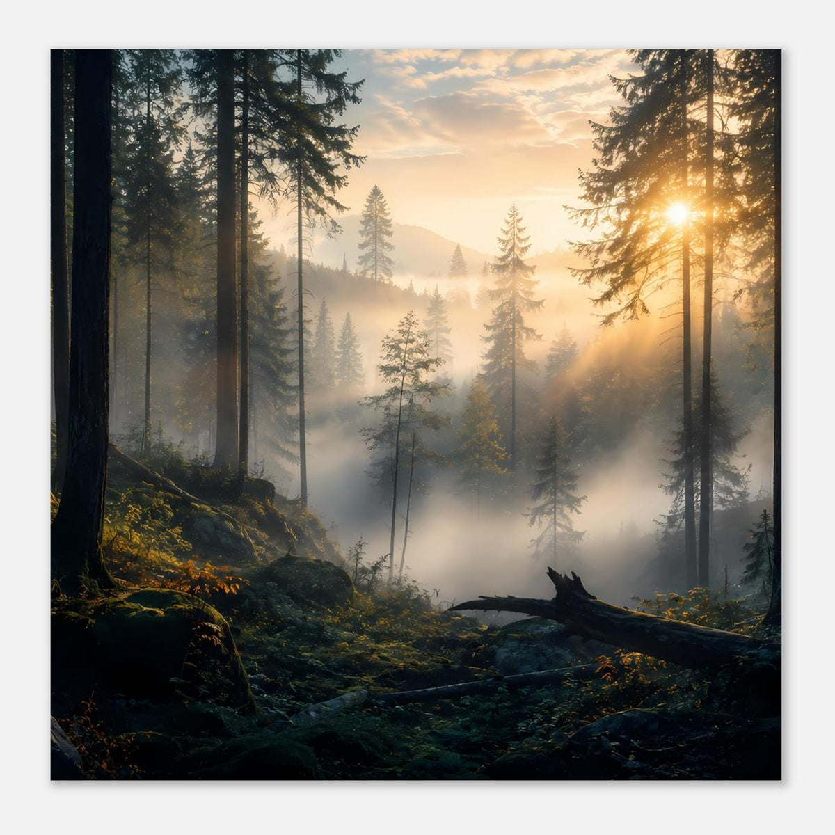 Wandposter mit Sonnenaufgang im Nadelwald: Baumstämme, moosiger Boden, Nebel
