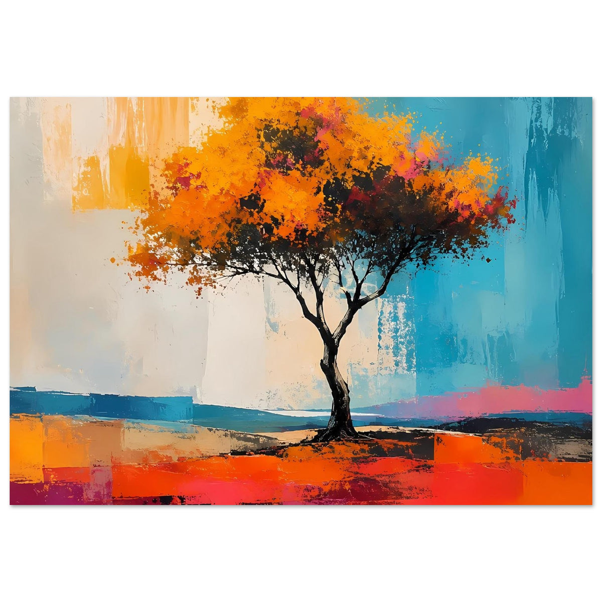 Abstraktes Baum-Poster: orangefarbene Baumkrone, türkisfarbener Hintergrund, bunt gemusterter Boden