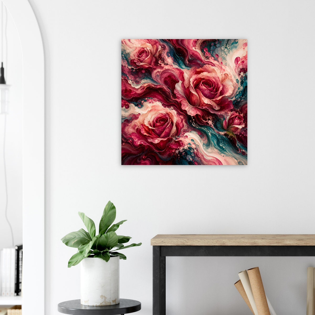 Quadratisches Blumenposter: rote Rosen mit türkisfarbenem Strudel und dunklen Farbtönen.