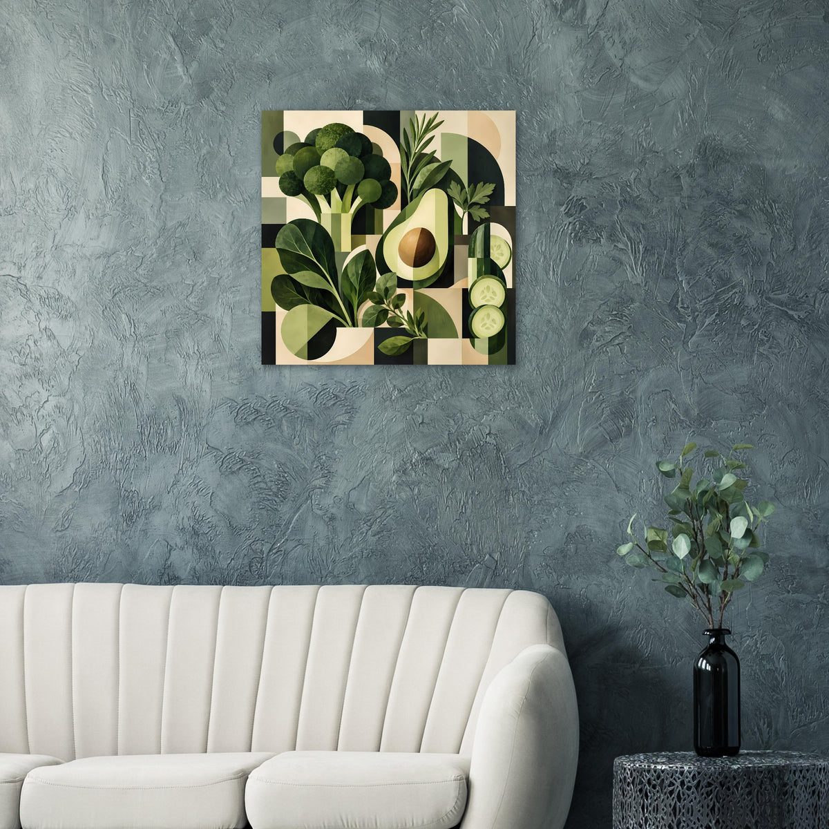 Geometrisches Pflanzenposter mit grünen Pflanzenformen und Avocado-Scheiben