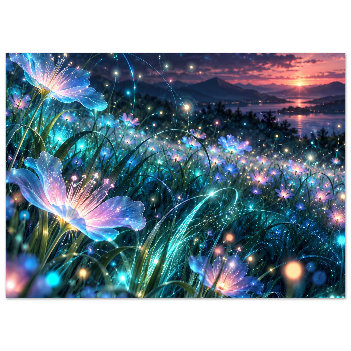 Breites Poster mit blauen Glühblumen, funkelnden Punkten und warmem Sonnenuntergang