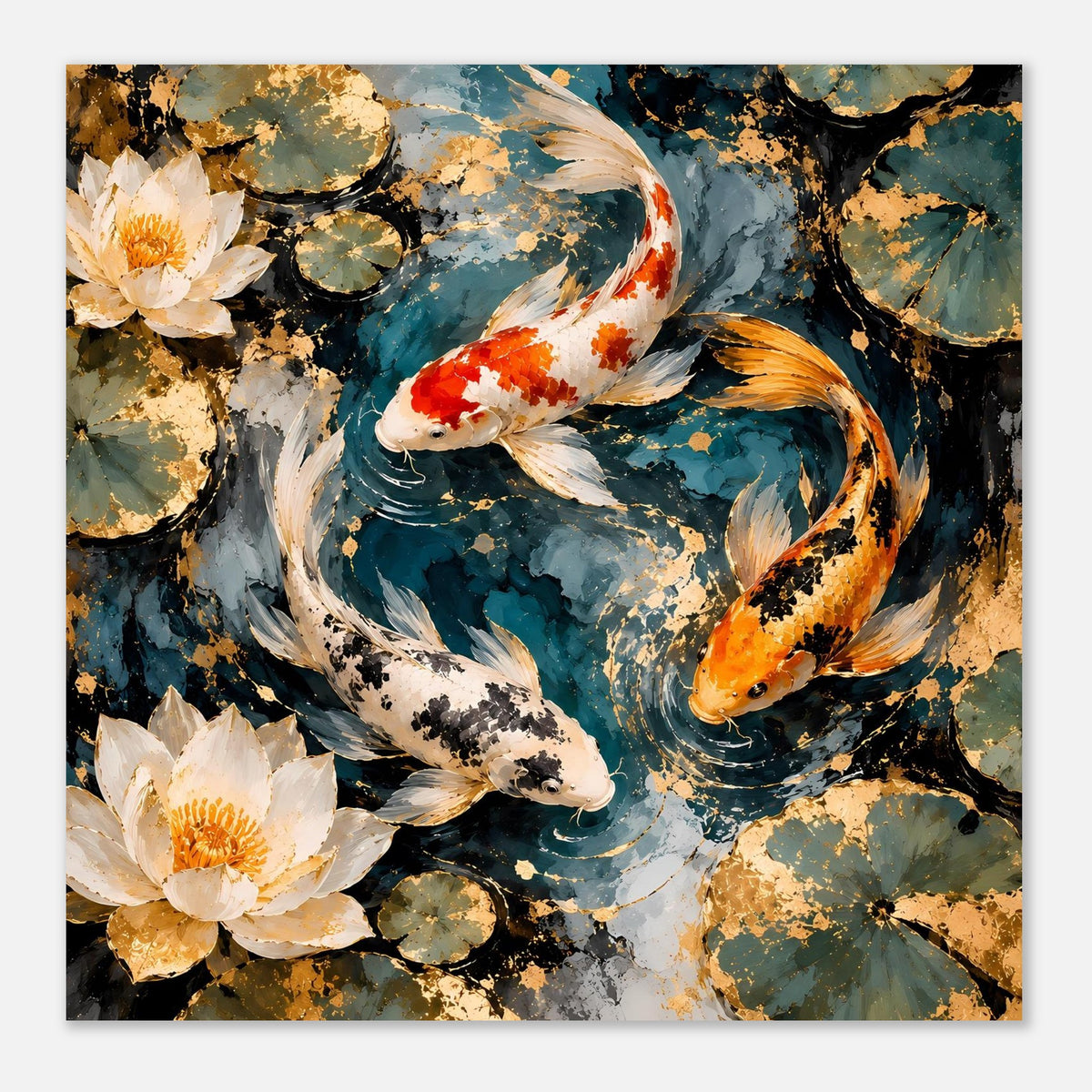 Nahansicht Kunstposter mit Koi, Seerosenblüten und blau-goldenem abstraktem Wasser