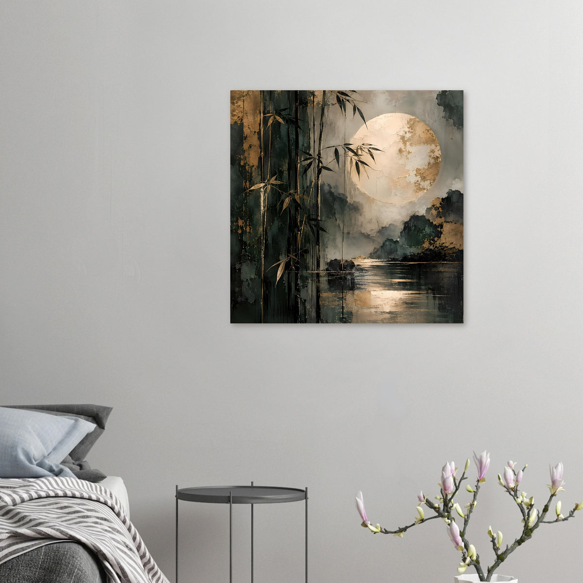 Kleiner Wandposter-Print: Bambus links, Mond über ruhigem Gewässer im Dunkelgrün