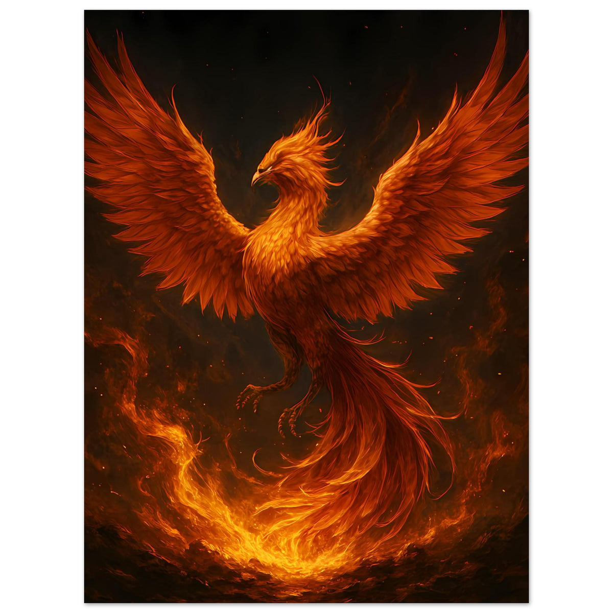 Poster mit feurigem Phönix: ausgebreitete Flügel in Orange, darunter leuchtende Flammen