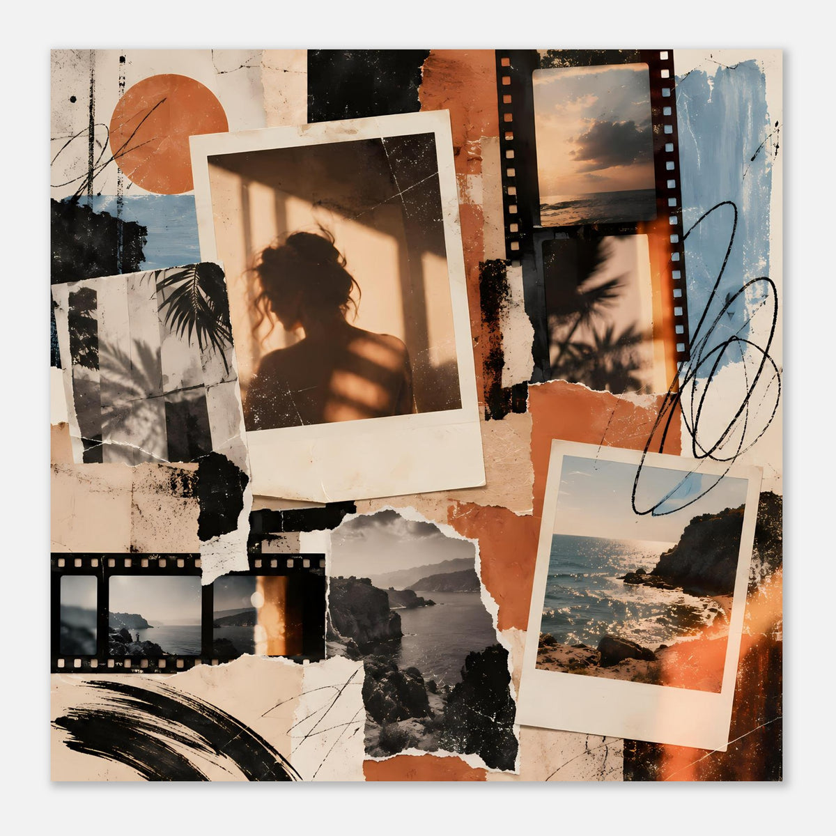 Vintage Collage-Poster, rechteckig, mit Fotocollage, Filmstreifen und orange-blauen Tönen