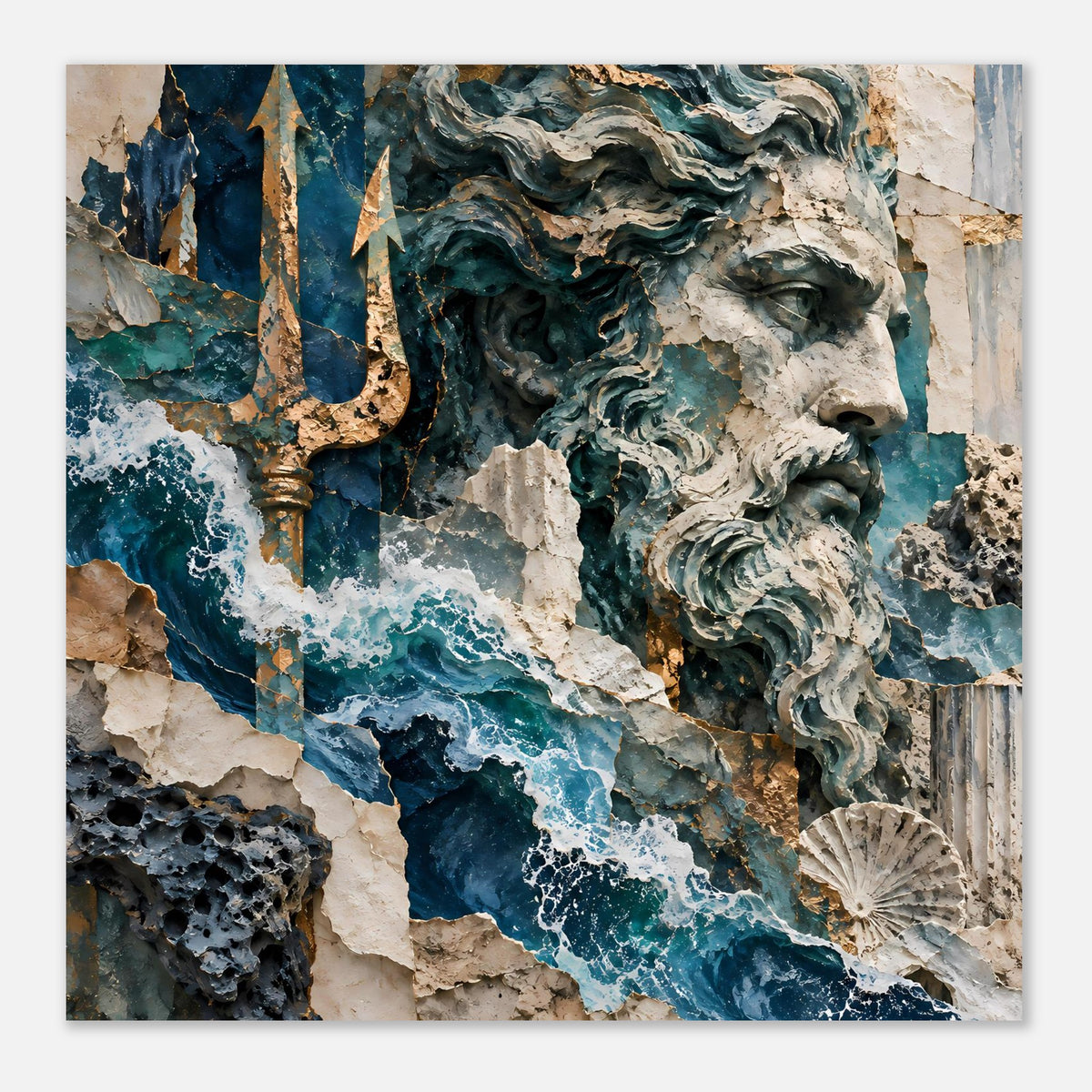 Neptun-Poster im Quadratformat, Fokus auf antike Skulptur, Trident, Meereswellen