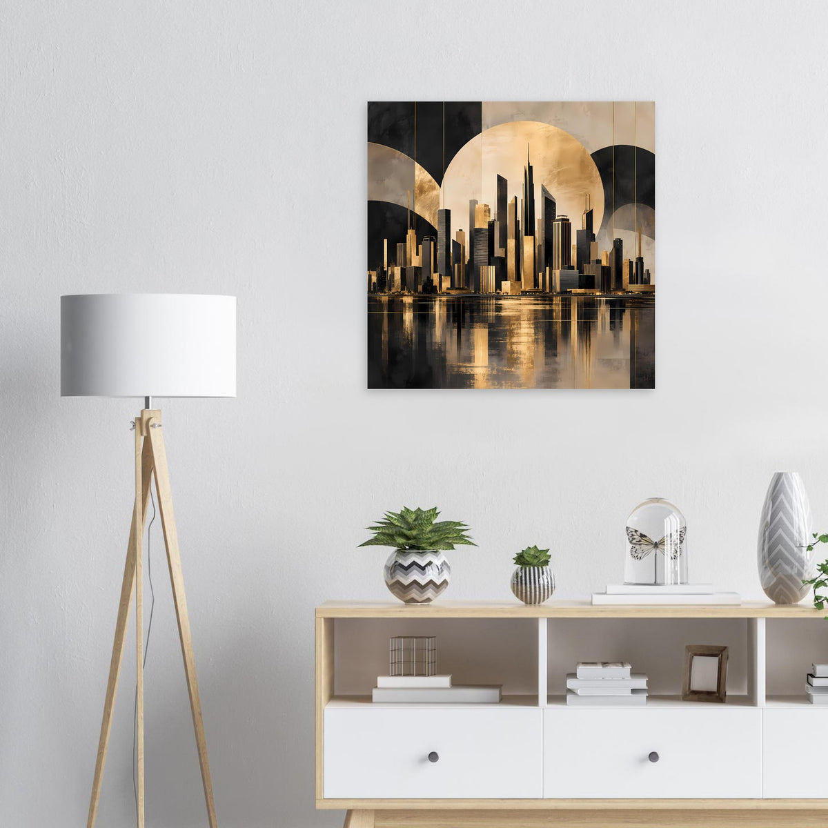 Gold-schwarzes Stadtposter mit Skyline und Spiegelung im Wasser