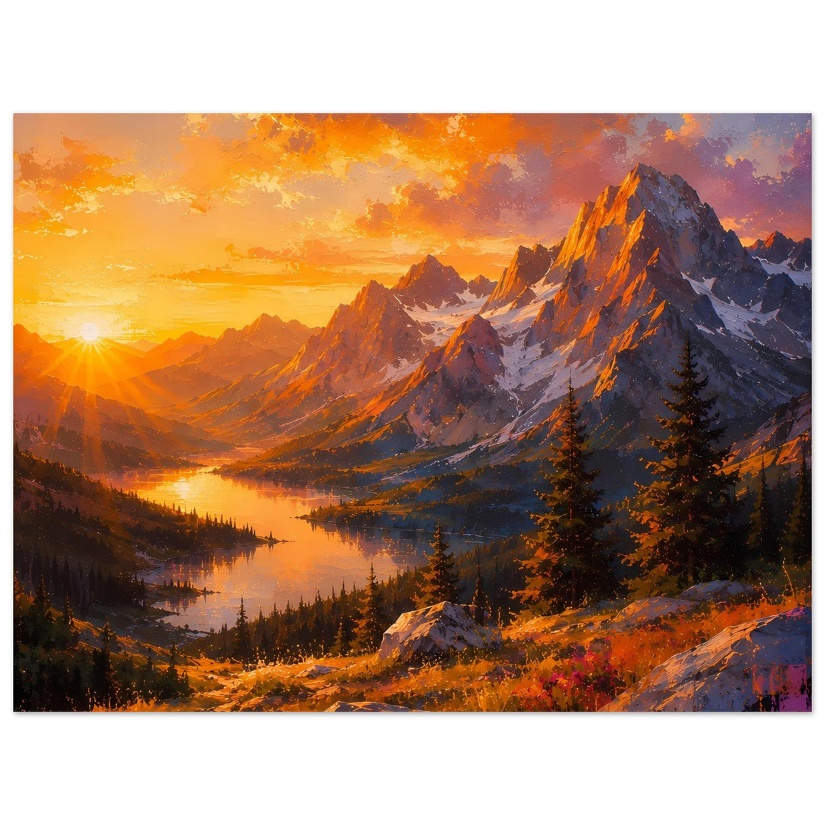 Horizontales Poster: Sonnenuntergang über Berggipfeln, Seeufer und Tannen im Vordergrund