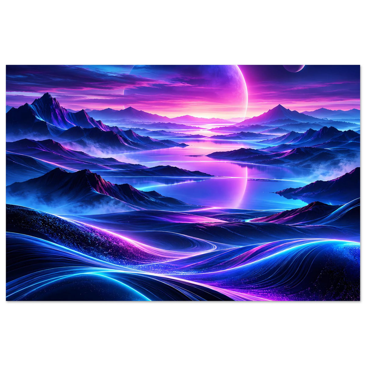 Neon-Weltraum-Poster im Querformat: blaue Berge, Nebelmeer und leuchtender Planet