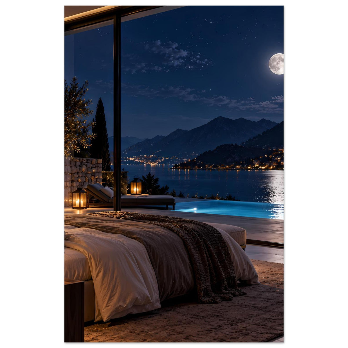 Poster im Hochformat: Teilansicht vom Bett, Fenster mit See und Bergen sowie Mond.