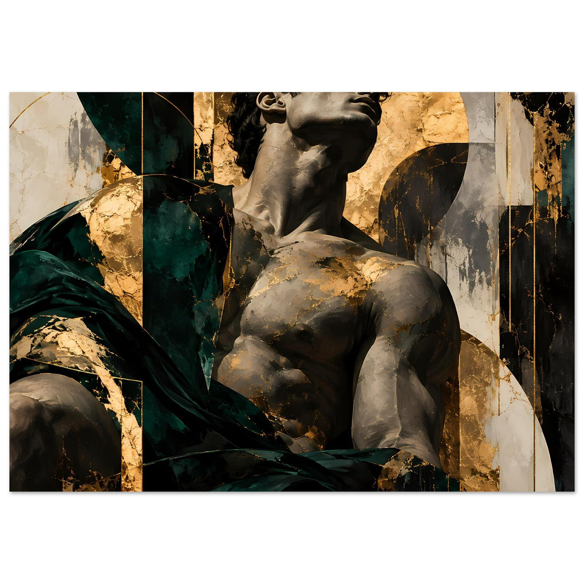 Kunstposter mit erhobenem Statue-Gesicht, grün-goldener Barockcollage im Hintergrund
