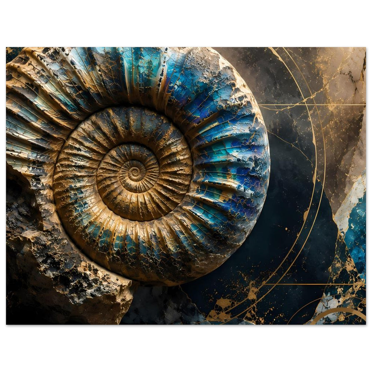 Kunstposter mit Ammonitenfossil in Petrolblau und Gold, runde Schalenstruktur