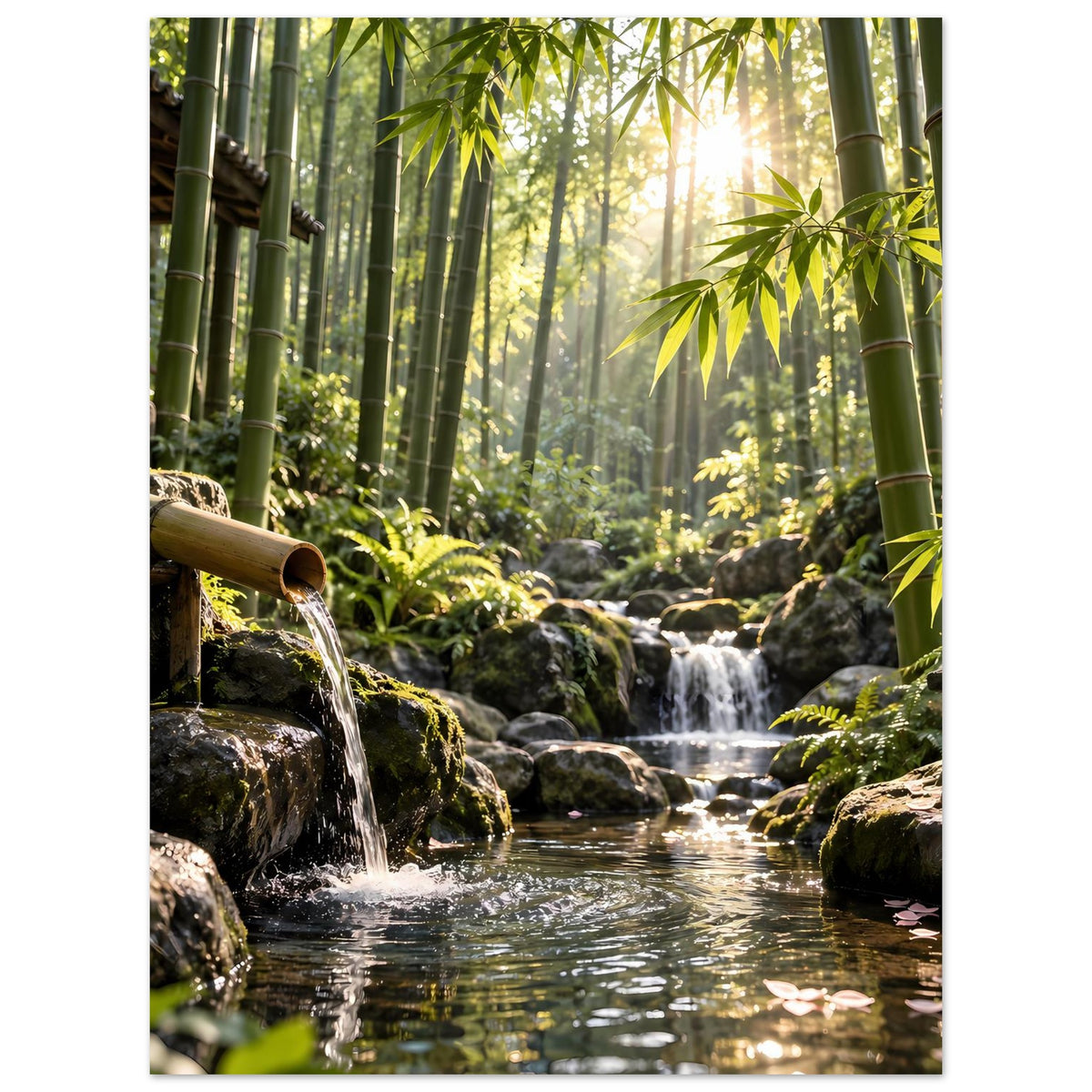 Wandposter: Bambuswald und Wasserfall über moosigen Felsen mit ruhigem Bach