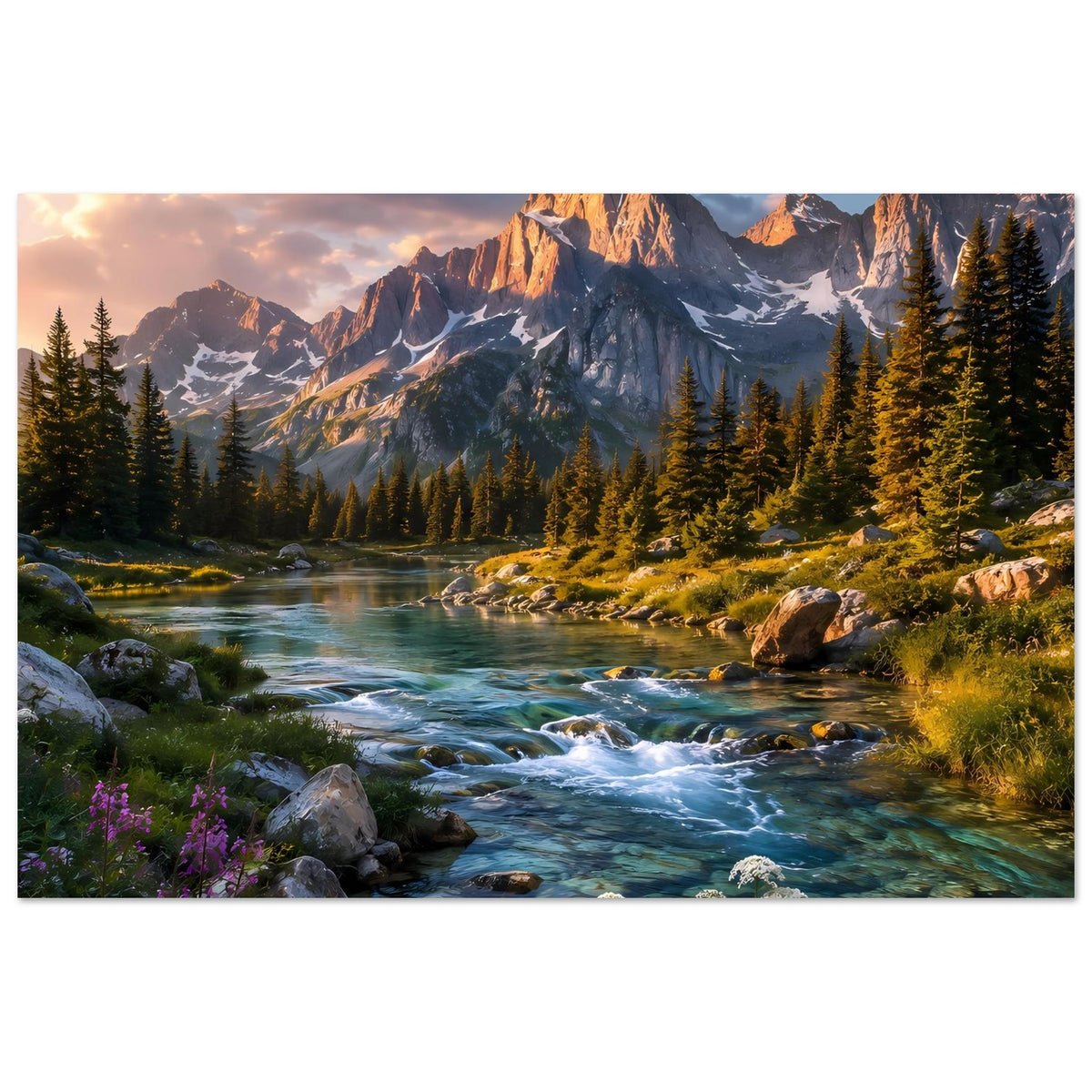 Landschaftsposter, horizontal: Berggipfel mit Fluss und Tannen im warmen Licht