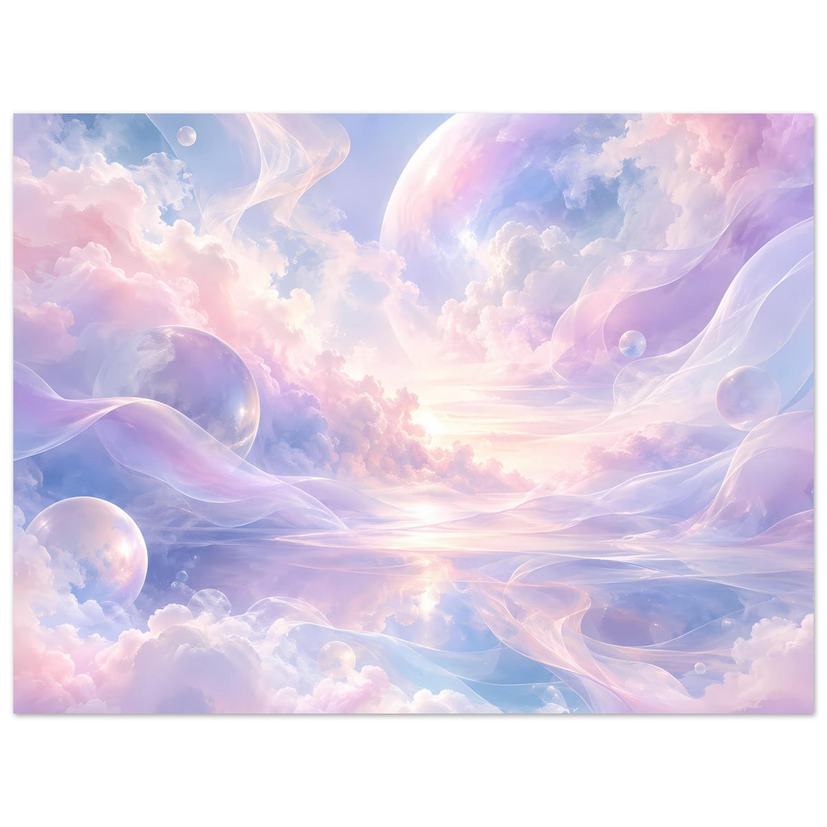 Horizontales Himmelsmeer-Poster mit pastellfarbenen Wolkenwirbeln und schimmernden Kugelbläschen