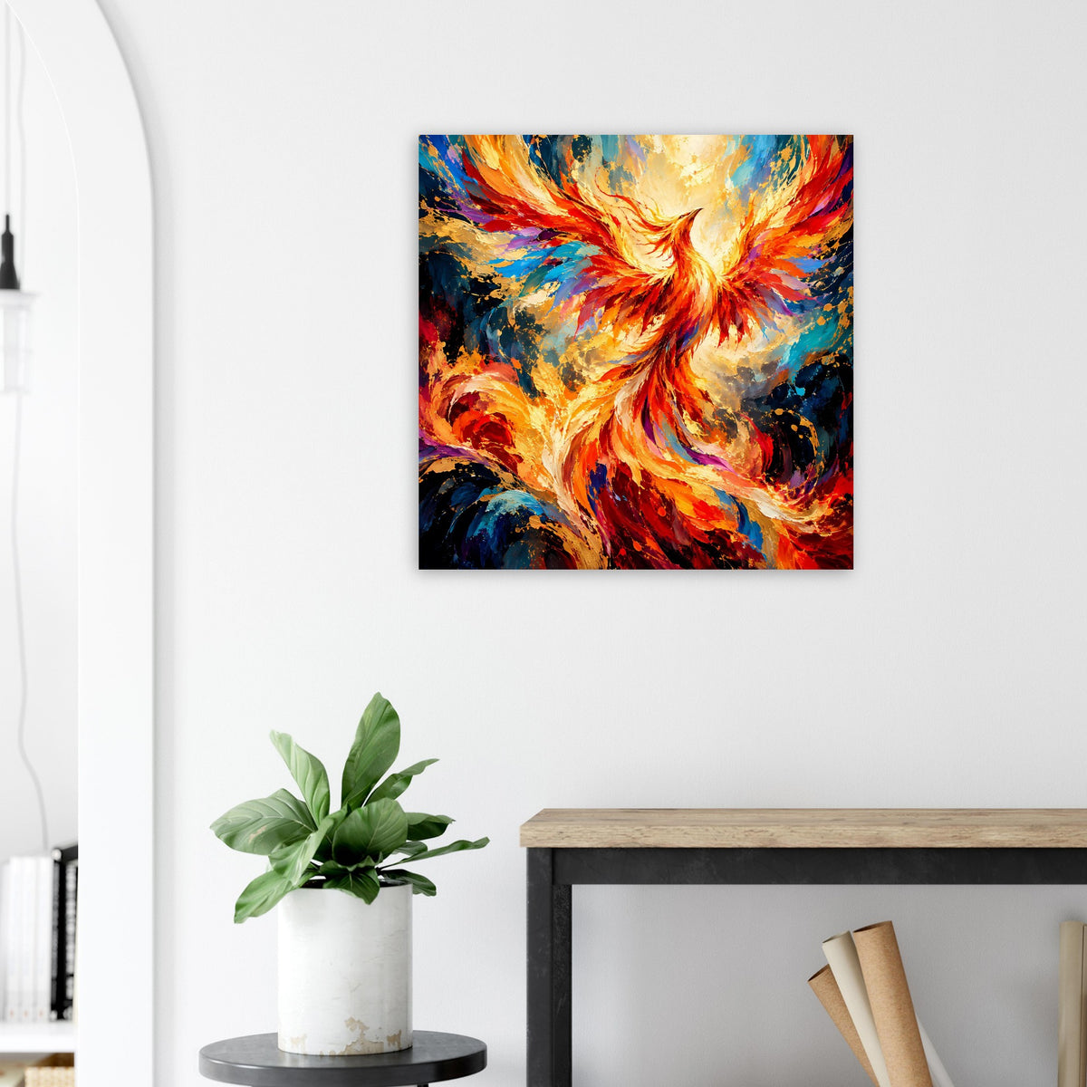 Poster mit leuchtendem Phönix-Motiv, goldene Flügel vor bunten Farbschichten