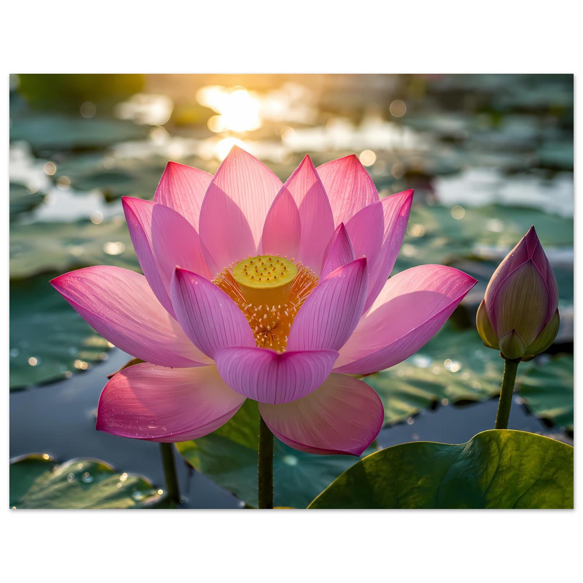 Lotusblüten-Poster im Rahmen: pinke Lotusblüte mit orangegelbem Zentrum und Knospe