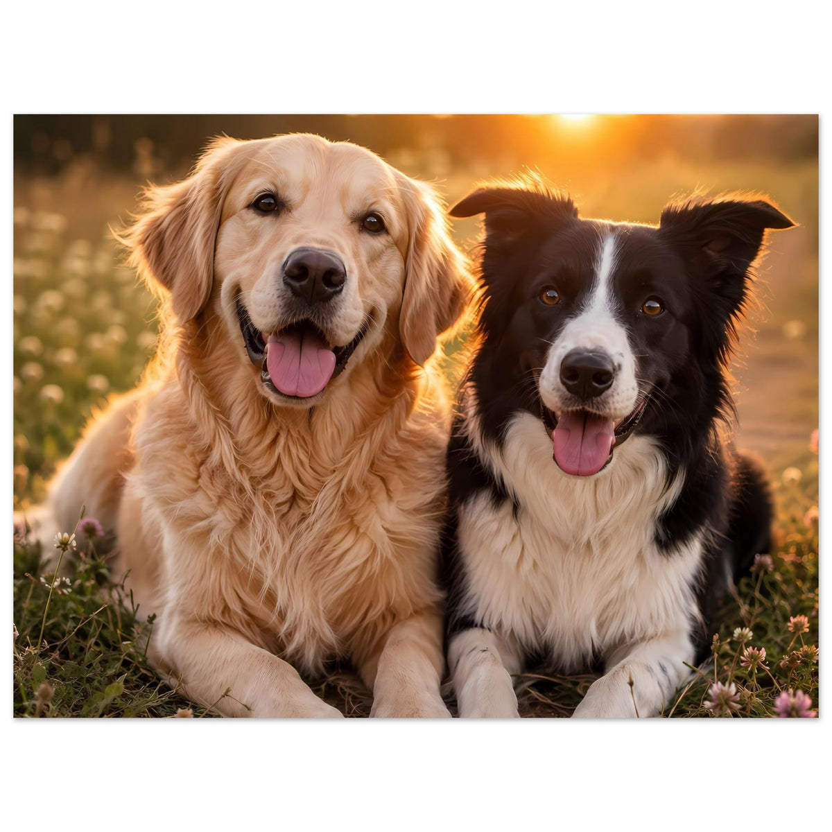 Poster mit Hunde-Porträt: goldener und schwarzer Hund nebeneinander, freundlich lächelnd