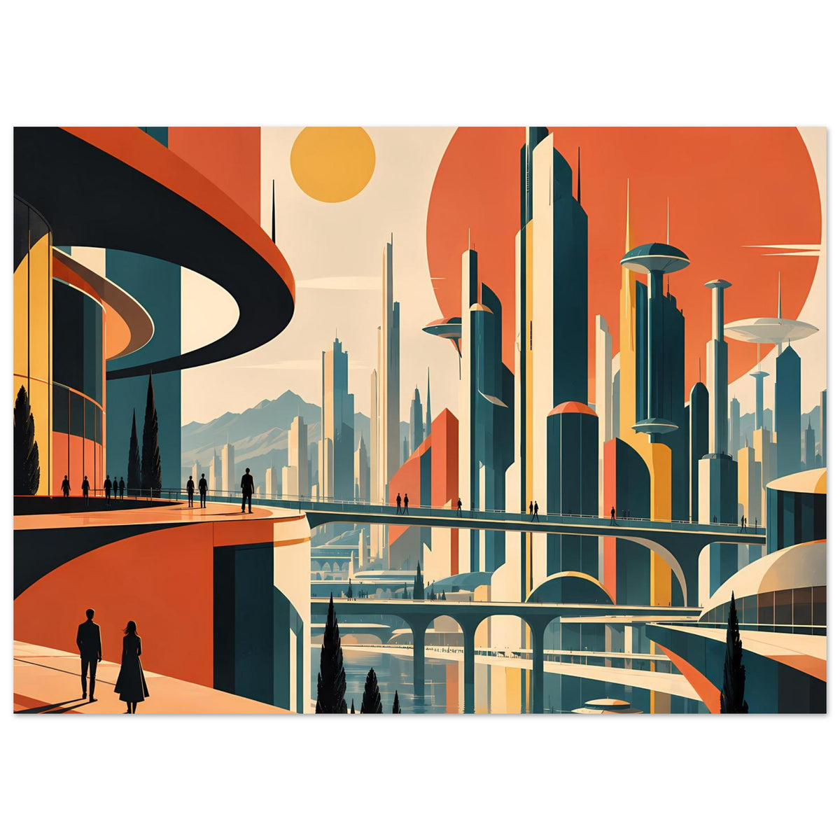 Poster mit futuristischer Stadt, orange Sonne, gebogenen Gebäudekanten und Figuren am Ufer