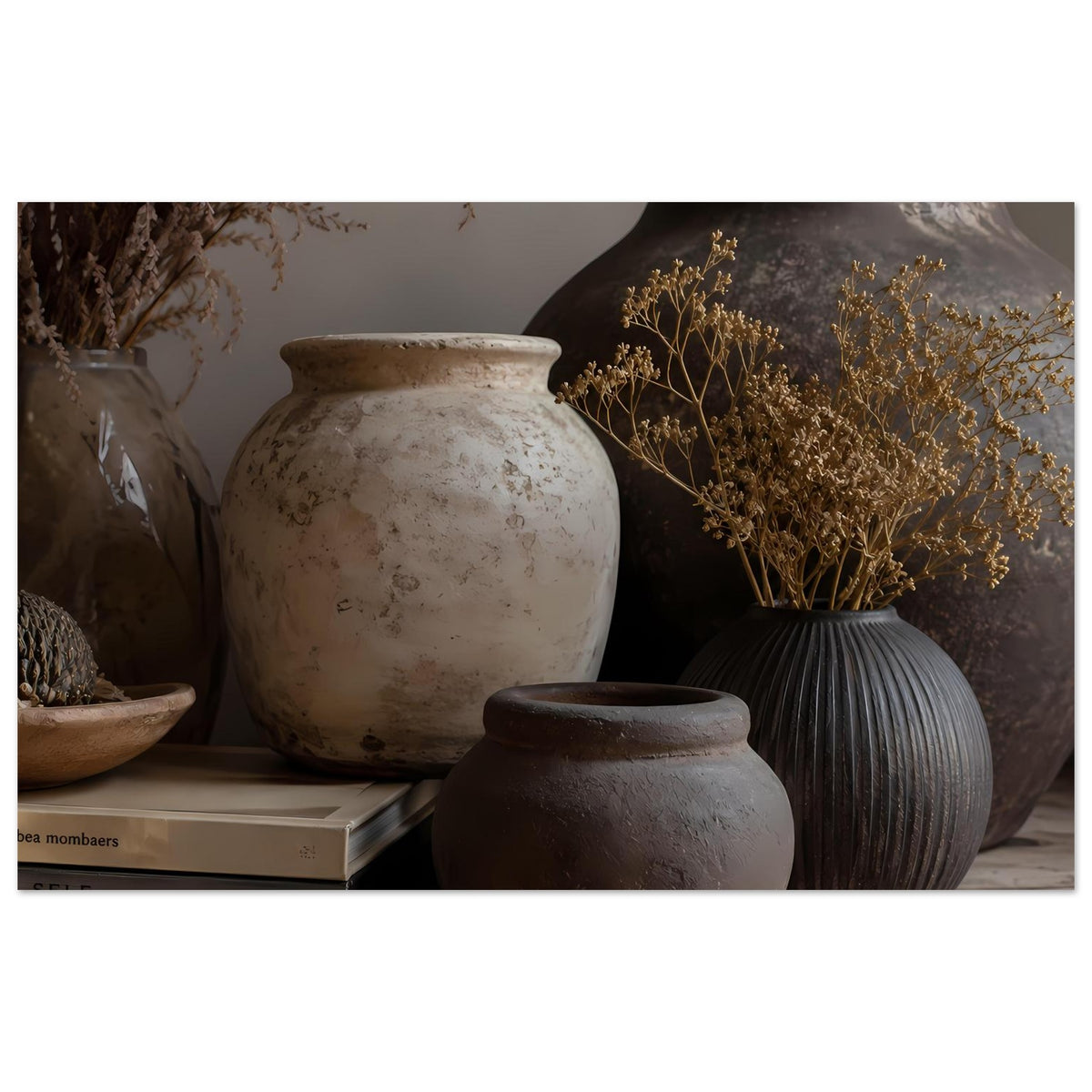 Wandposter, horizontale Ansicht: helle Vase, dunkle Vase und Trockenblumen