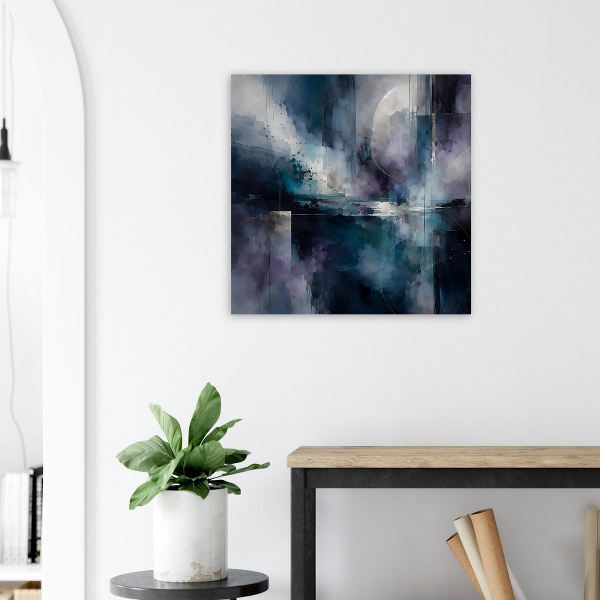 Abstraktes Kunstposter mit Blauem Nebel, violetten Akzenten und dunklen Blockformen