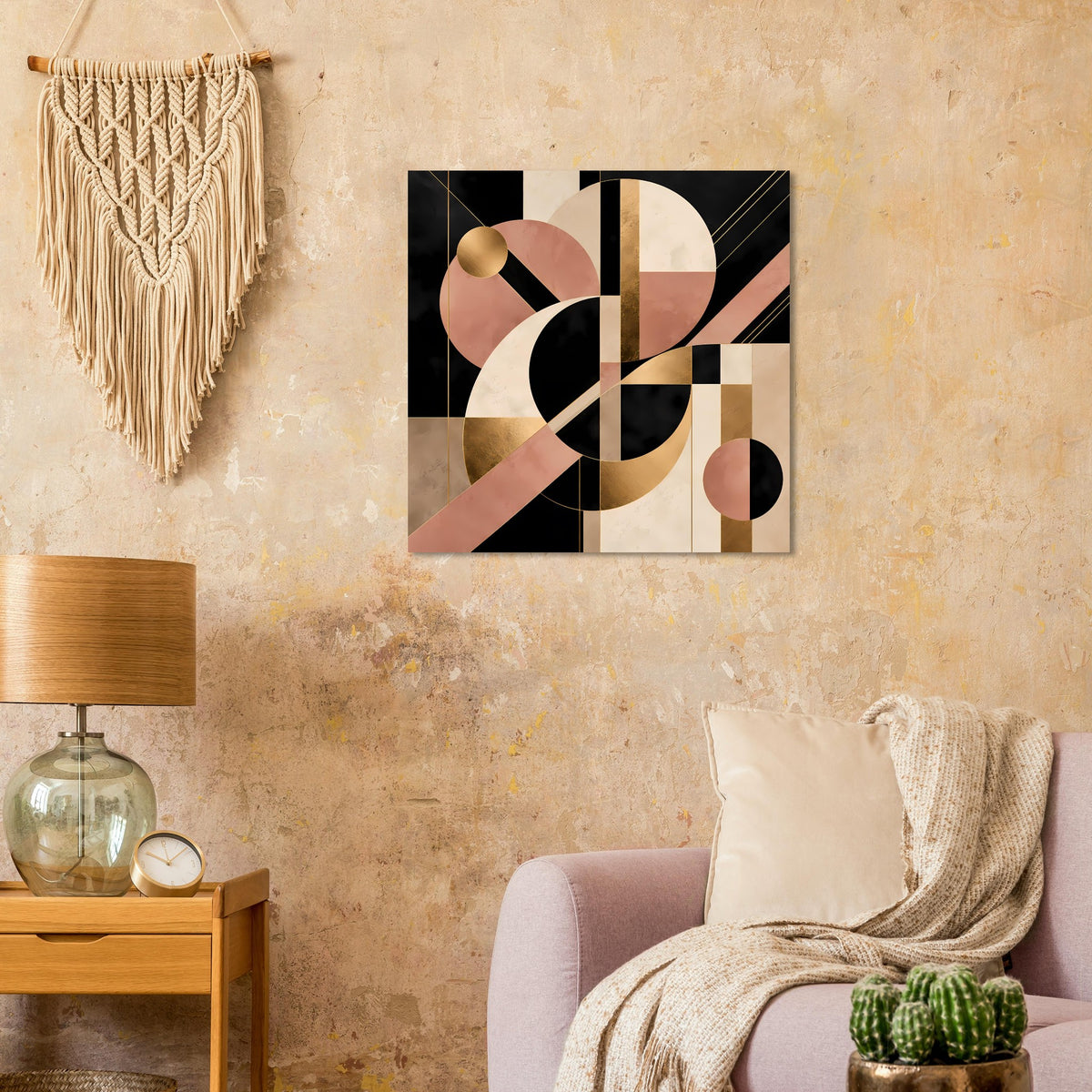 Art-Deco-Wandposter mit abstrakten Rechtecken, Kreisen und Linien in Schwarz, Blush und Gold