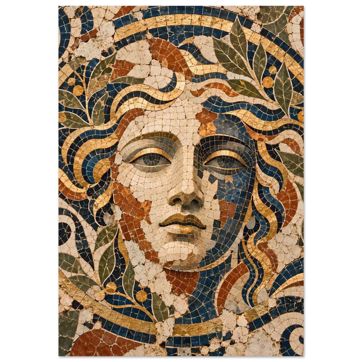Poster zeigt Mosaik-Göttin mit geschwungenen Haaren, Augen in Blau- und Brauntönen
