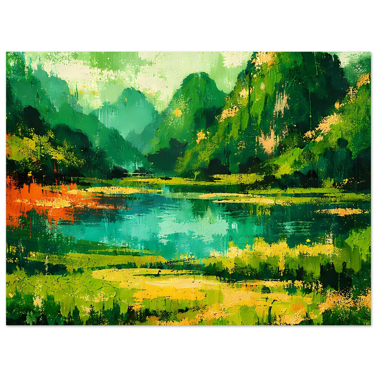 Abstraktes Landschaftsbild-Poster: grünes Gebirge, türkisblauer See und gelbe Akzente