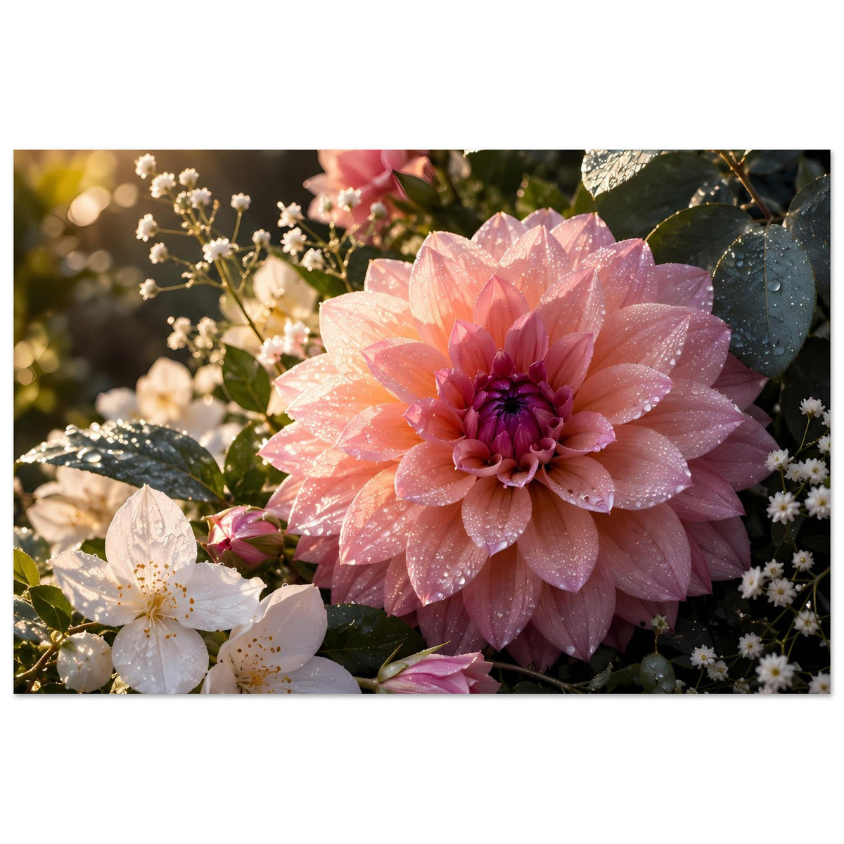 Blumenposter mit rosafarbener Dahlie im Mittelpunkt und umgebenden weißen Blüten
