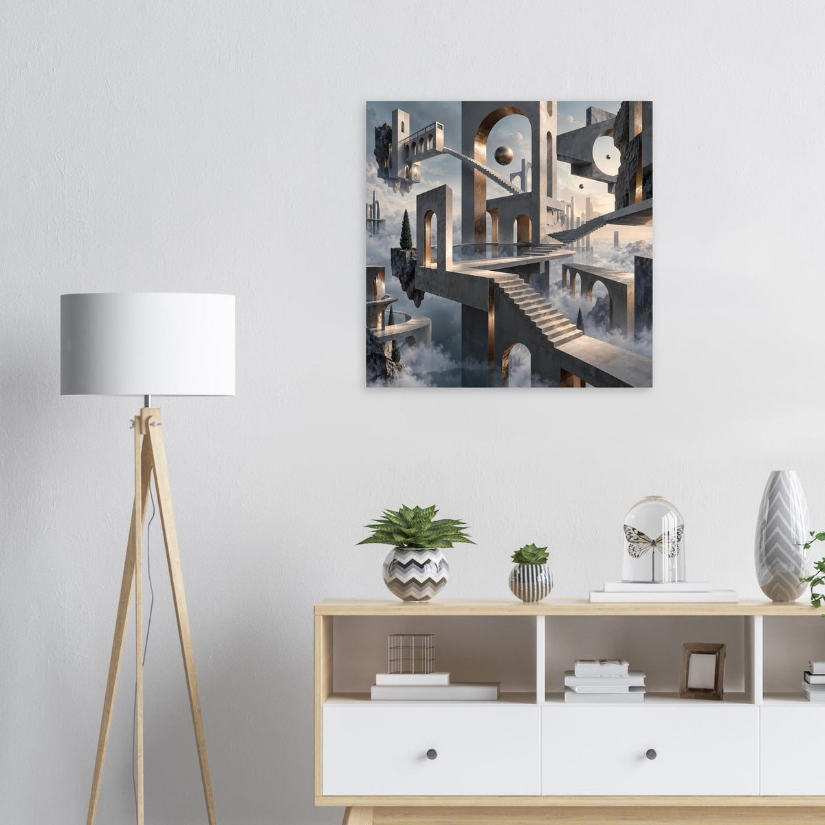 Architekturposter mit schwebenden Treppen und goldenen Torbögen im surrealen Stil