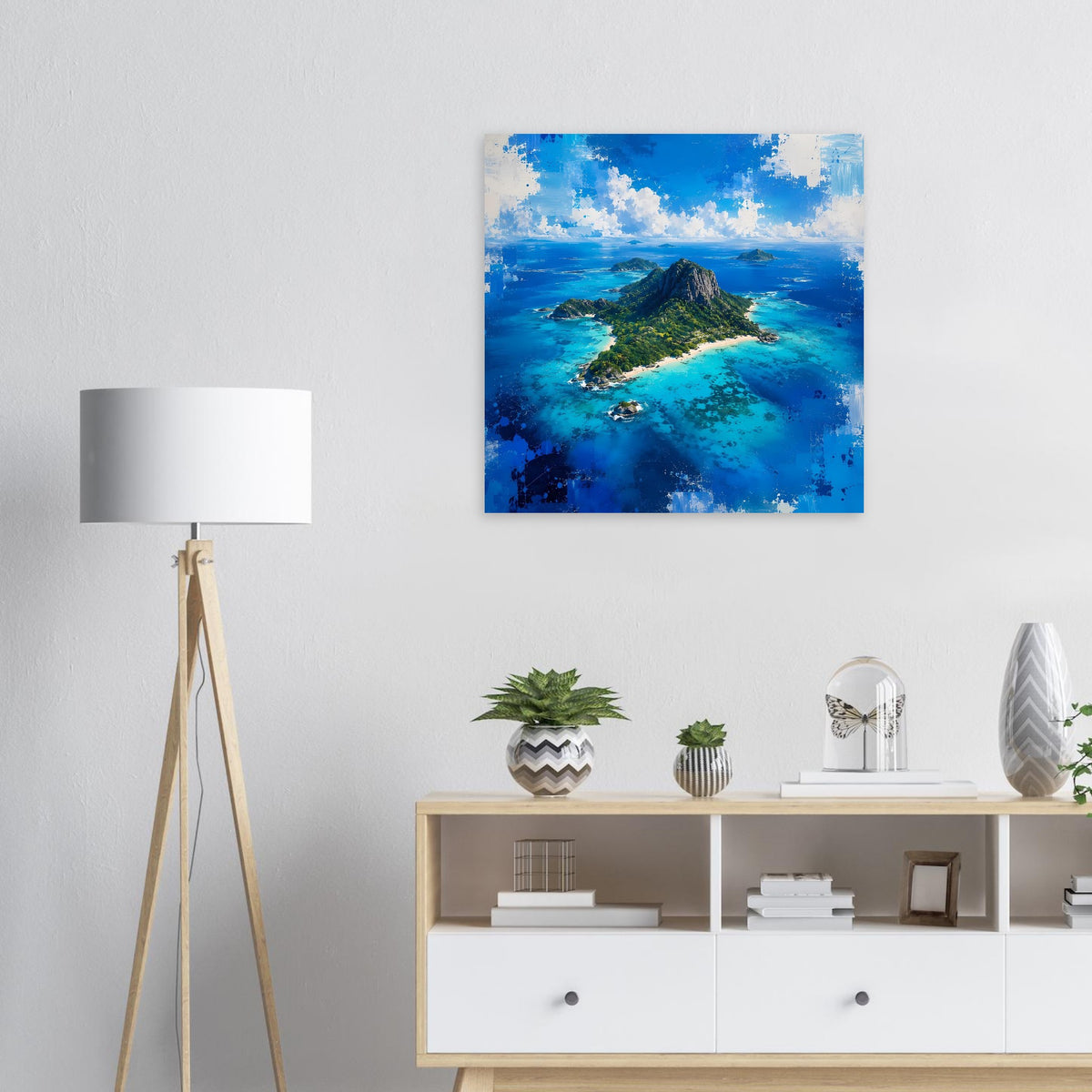 Quadratisches Wandposter mit tropischer Insel und Felsberg über blauem Meer