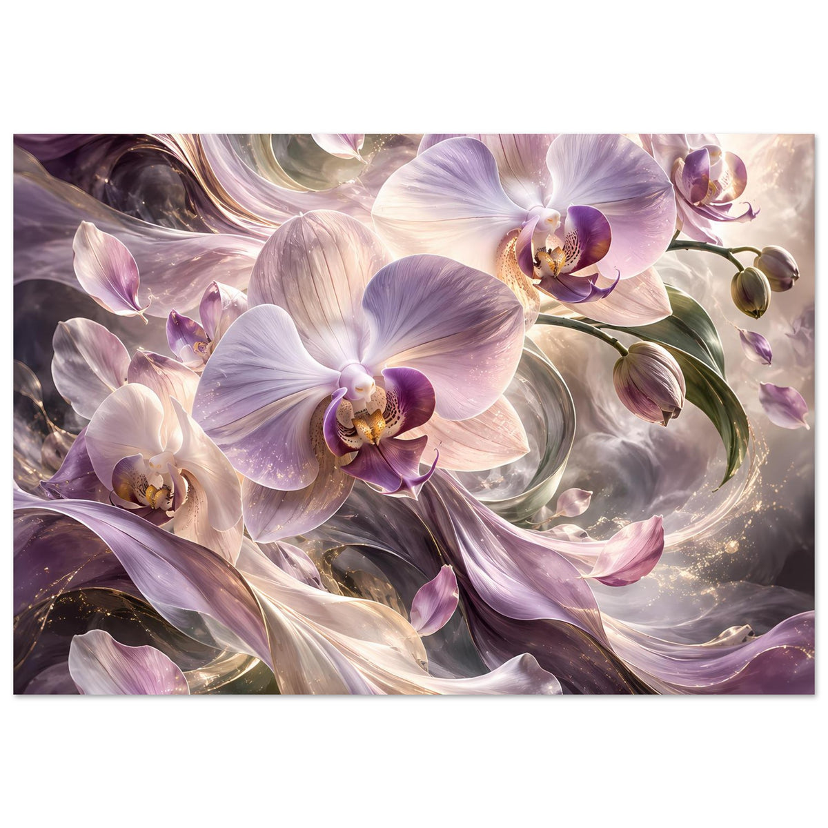 Horizontales Blumenposter mit violetten Orchideen und cremefarbenen Akzenten im Blumenmotiv