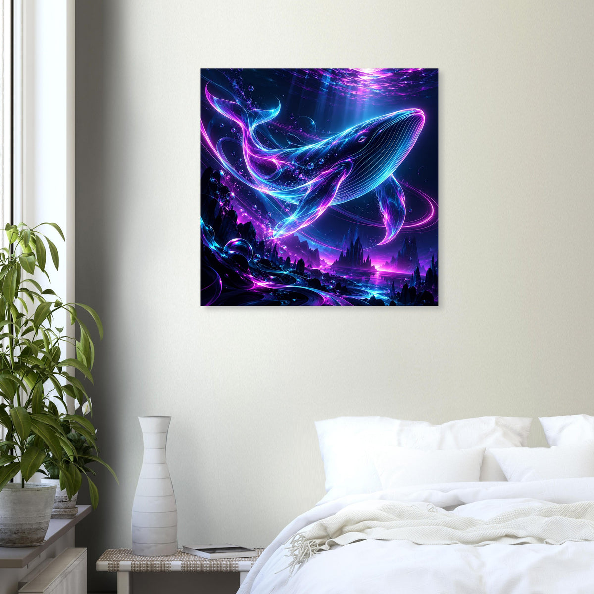 Quadratisches Poster mit leuchtendem Neon-Wal in Blau und Pink, Unterwasser-Silhouette, schwarz gerahmt