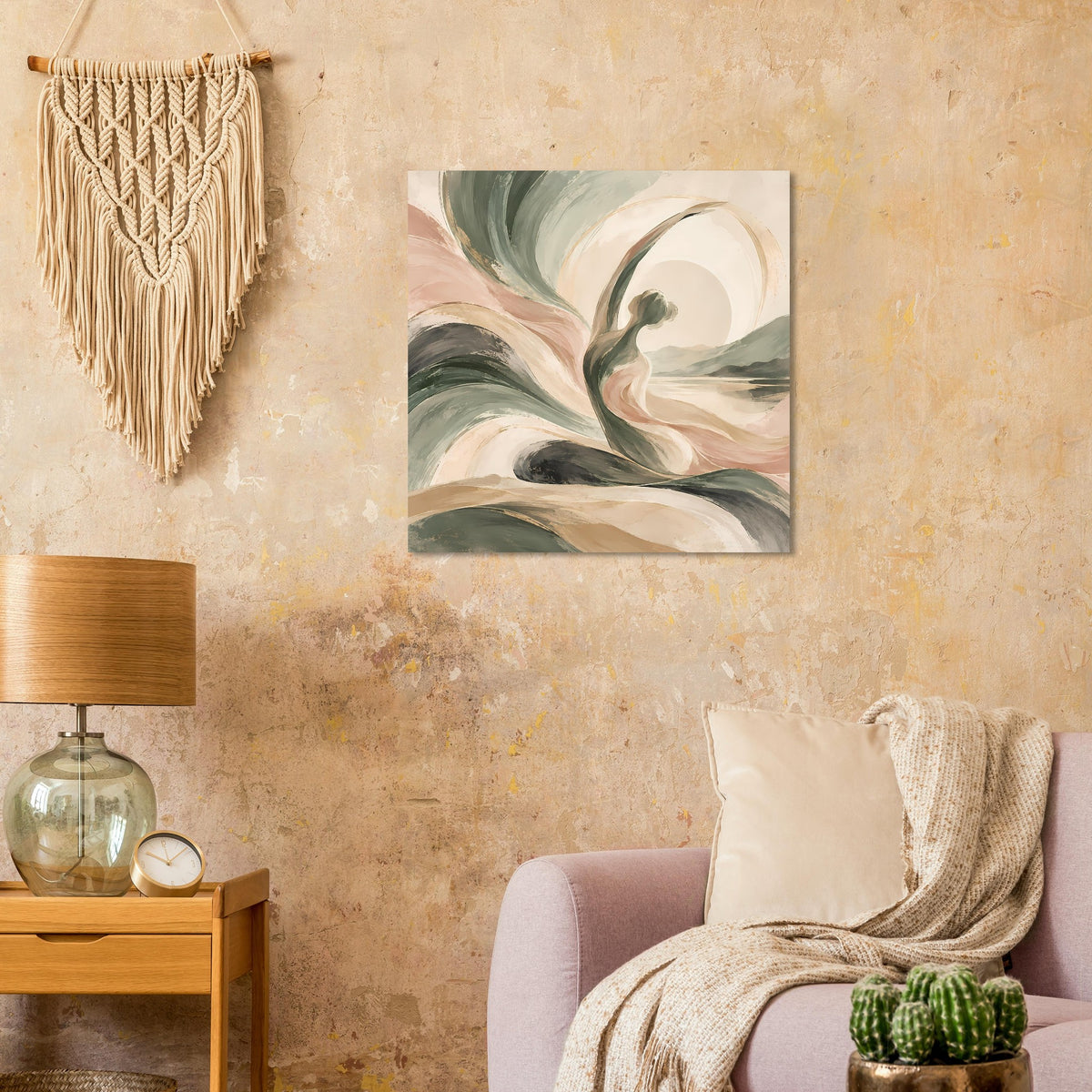 Quadratisches abstraktes Kunstposter mit fließenden Formen in Grün, Beige, Creme und Dunkelgrün.