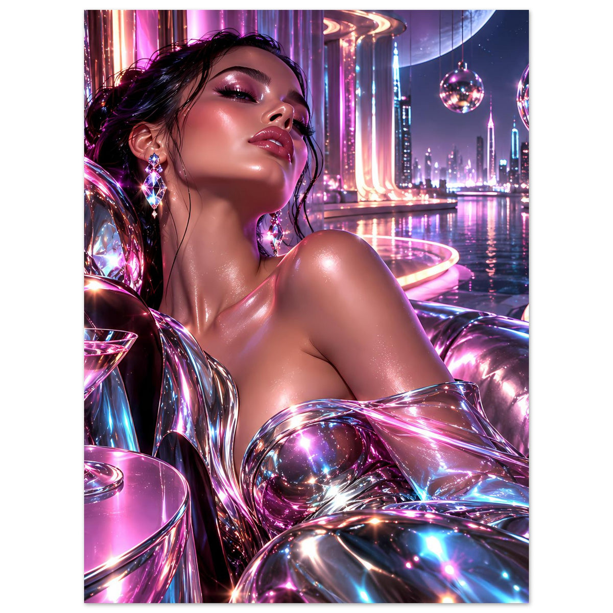Neon-Poster im Hochformat: Frau mit schimmerndem Bikini, chromfarbene Deko und Lichter