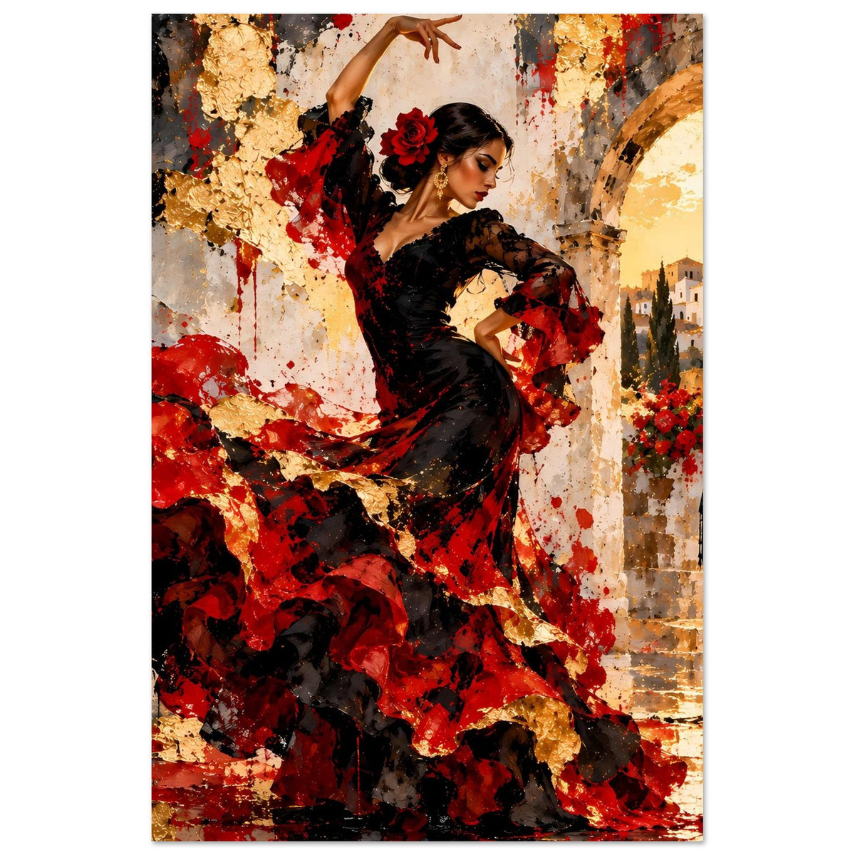 Poster: Flamenco-Tänzerin im schwarzen Kleid mit roten Akzenten, erhobener Arm im Tanz.