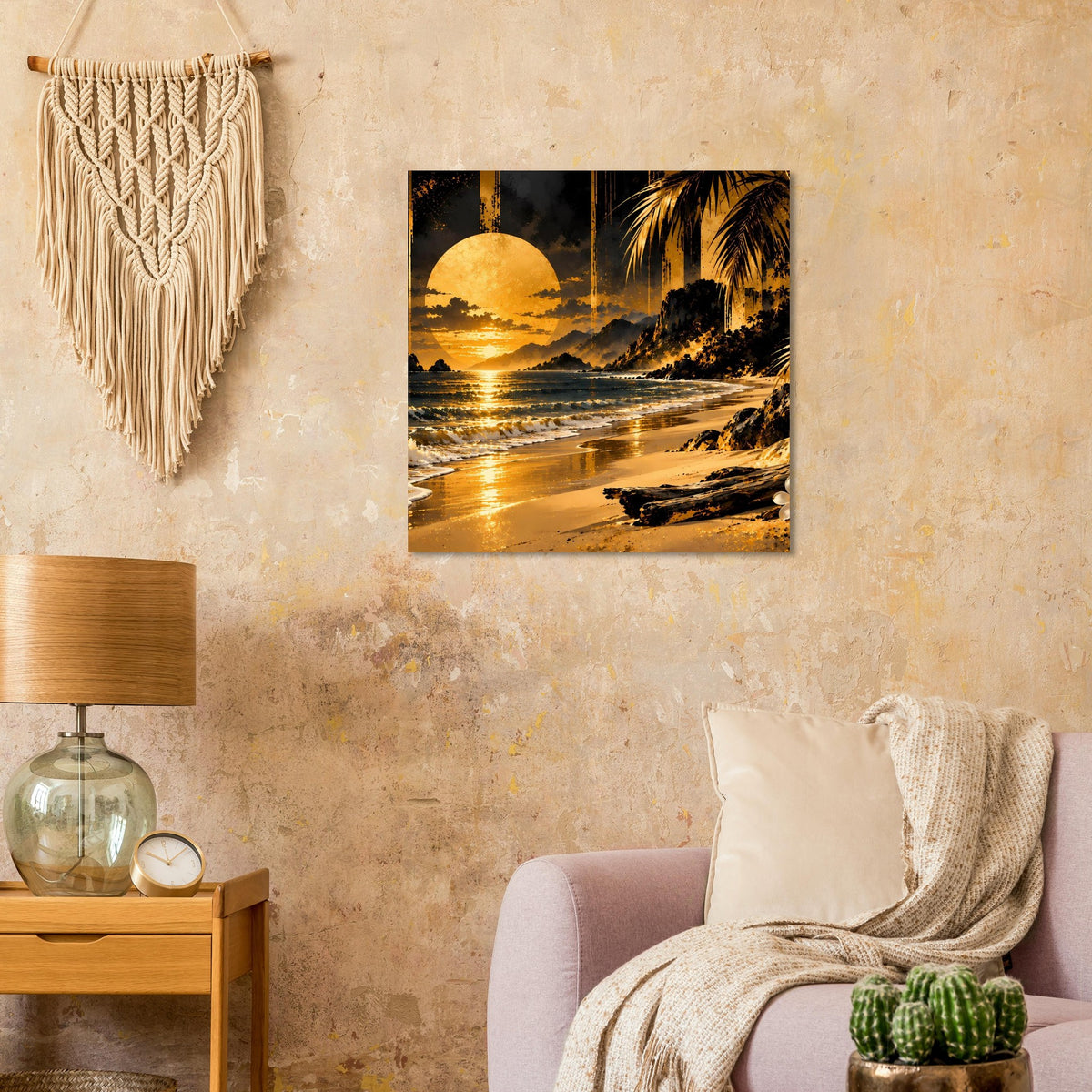 Wandkunst-Poster im Querformat mit goldenem Sonnenuntergang, Palmen und Strandwellen