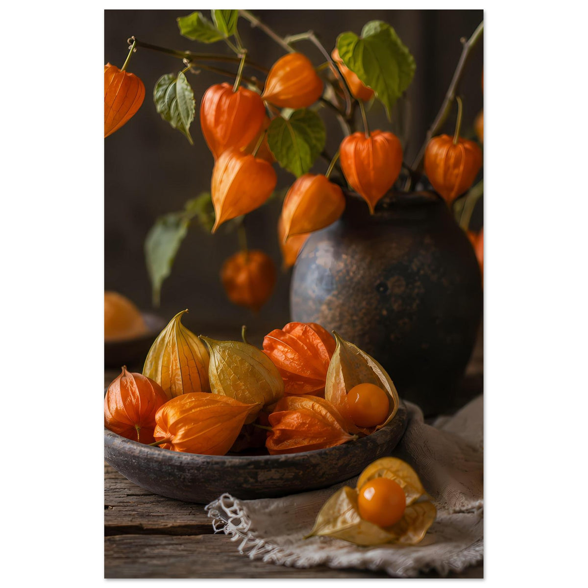 Herbst-Poster: Schale mit orangefarbenen Kürbissen, daneben Stoff und gepresste Kürbispäckchen