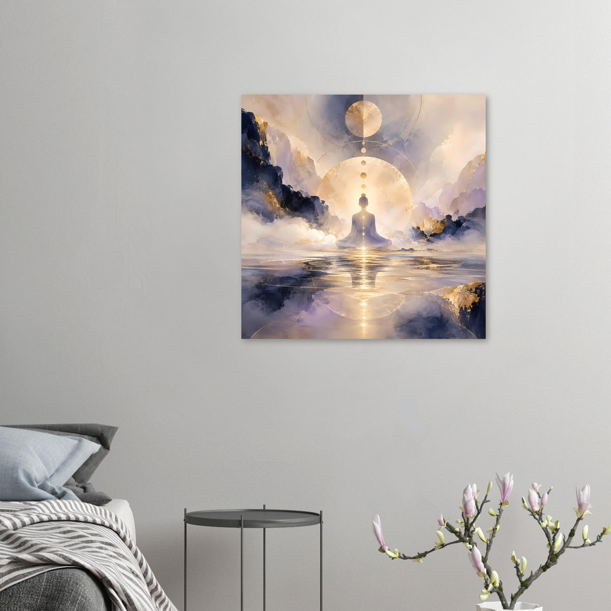 Kleines Querformat-Poster: Meditationsfigur mit goldenen Kreisen und Sonnenlicht