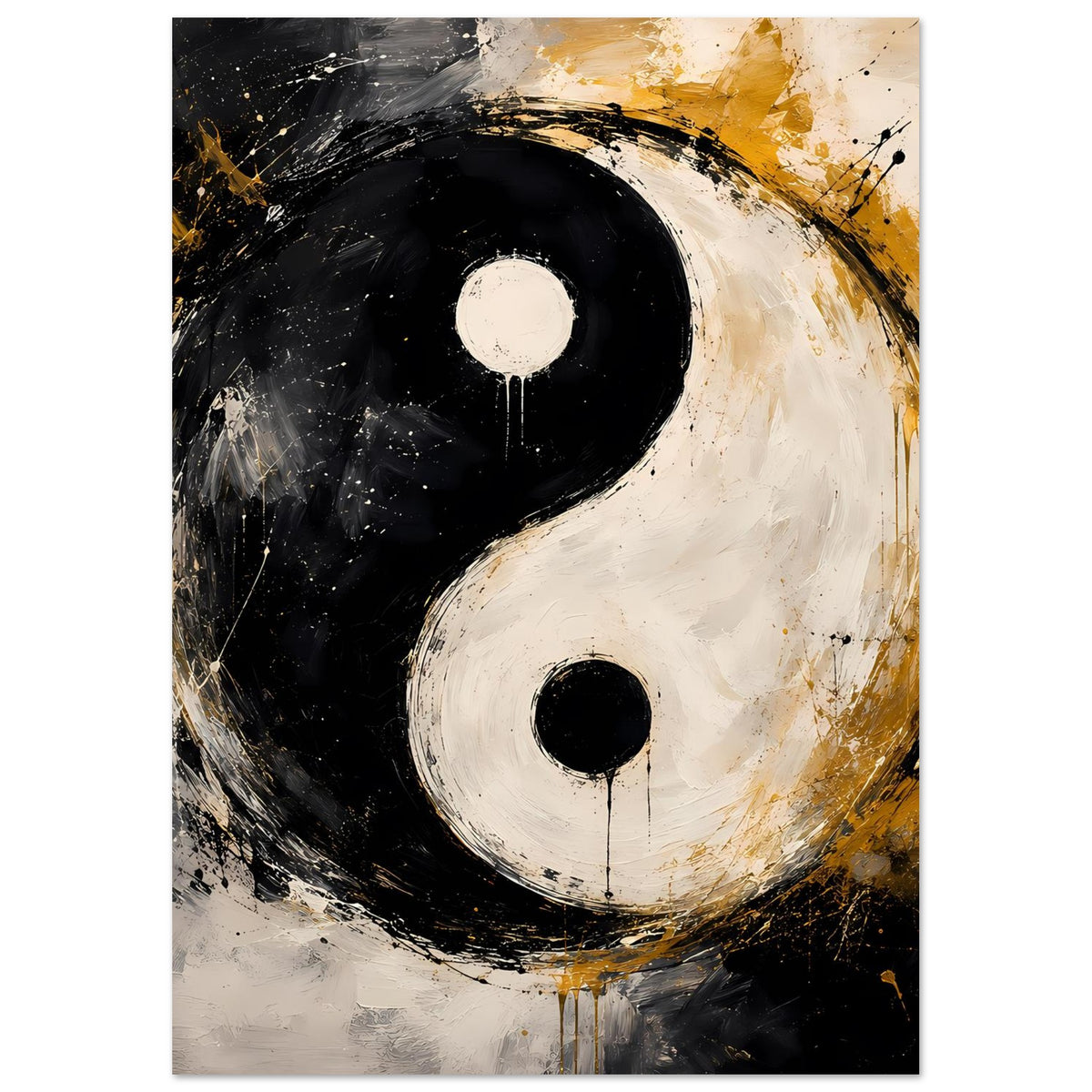 Yin-Yang Poster im abstrakten Stil mit schwarzem und weißem S-ähnlichem Symbol und Goldsprenkeln