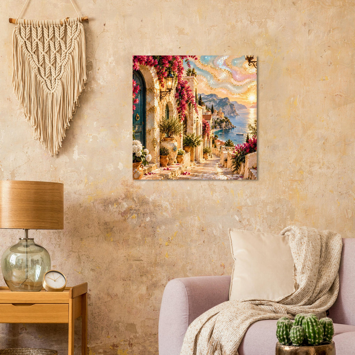 Quadratisches Poster mit Durchgangsarkaden, Blumenarrangements und warmem Himmel