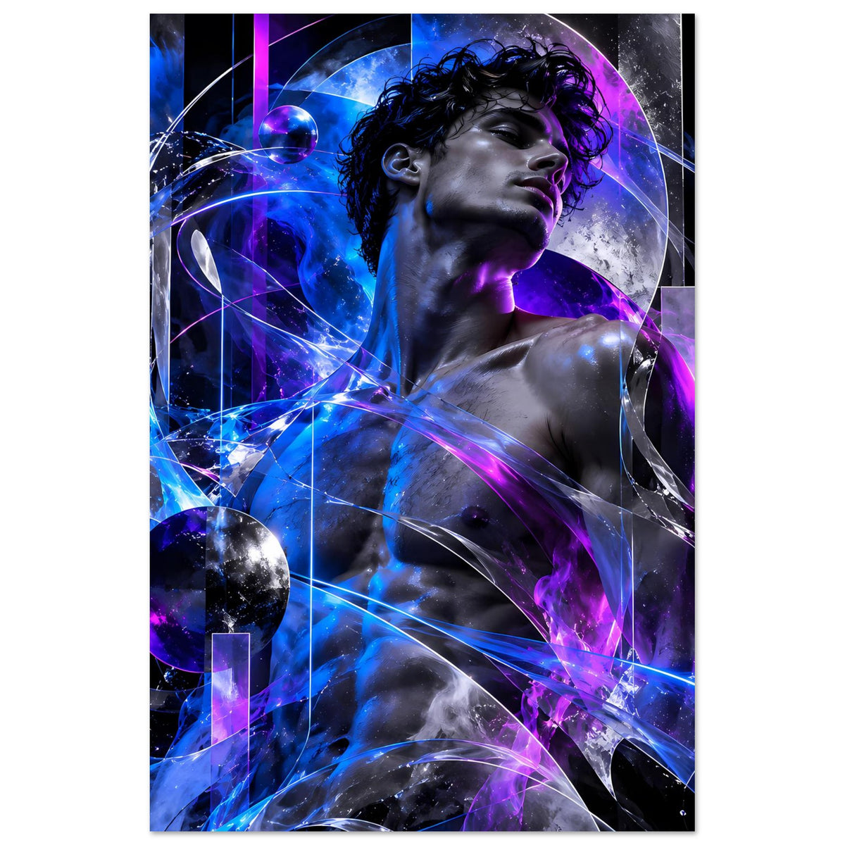 Futuristisches Poster, senkrecht: Energiefigur mit blau-violetten Lichtstrukturen