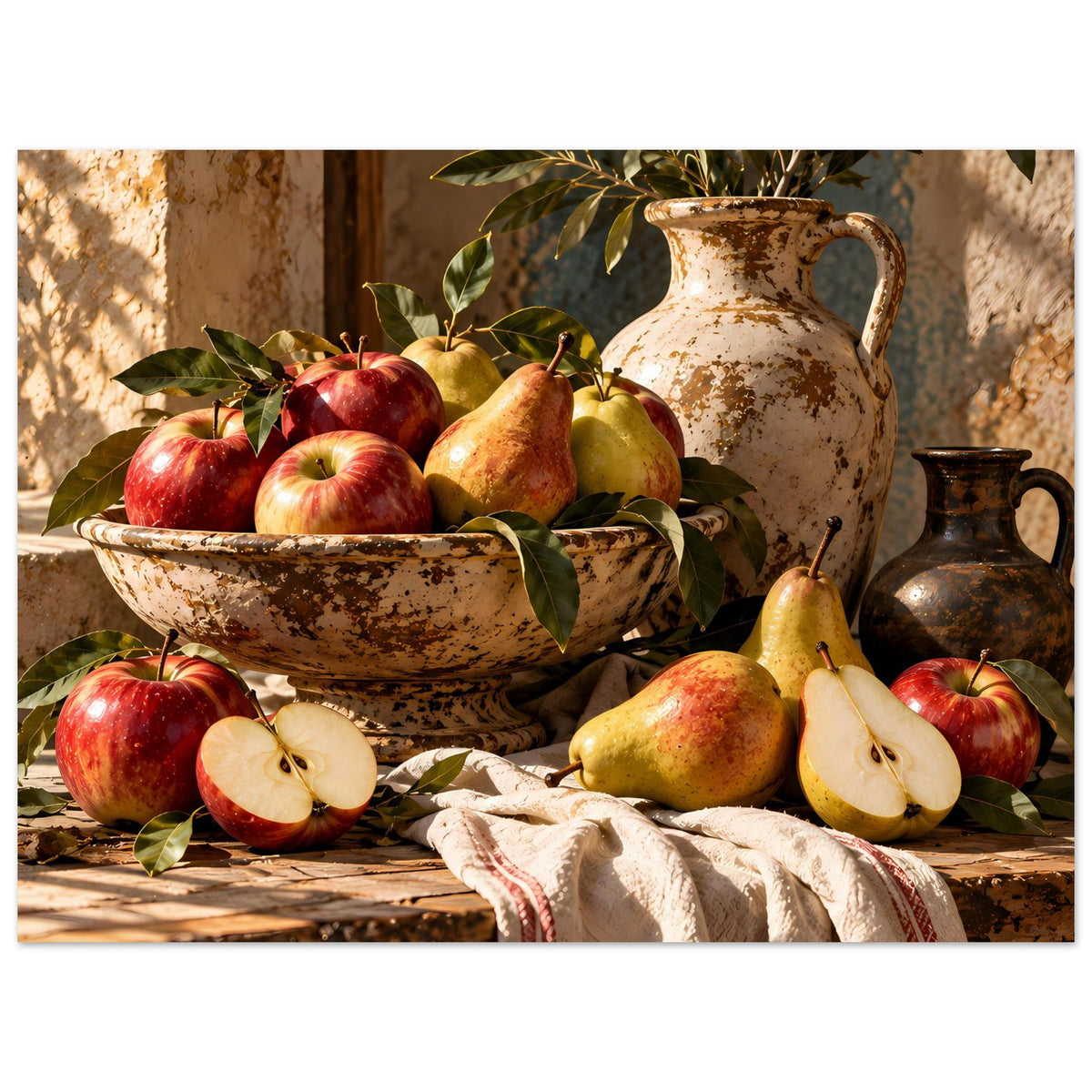 Poster mit Krug und Obststillleben: Äpfel, Birnen, Holzbrett und Tuch
