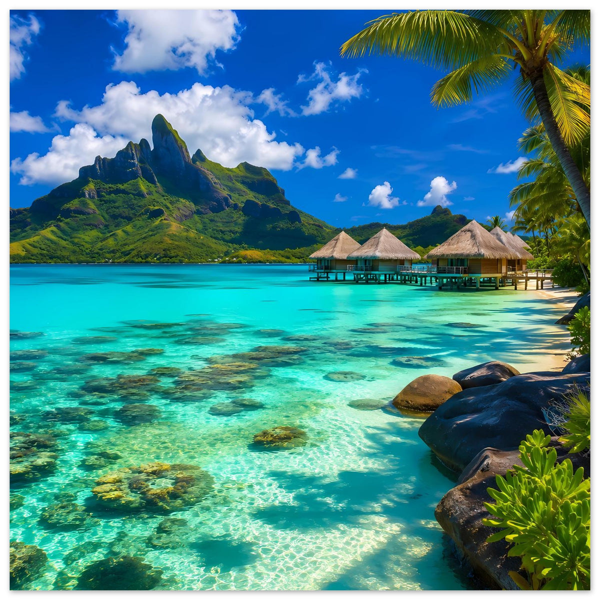 Strandposter tropisches Paradies: türkisfarbenes Meer, Steg, Palmen und Blätter