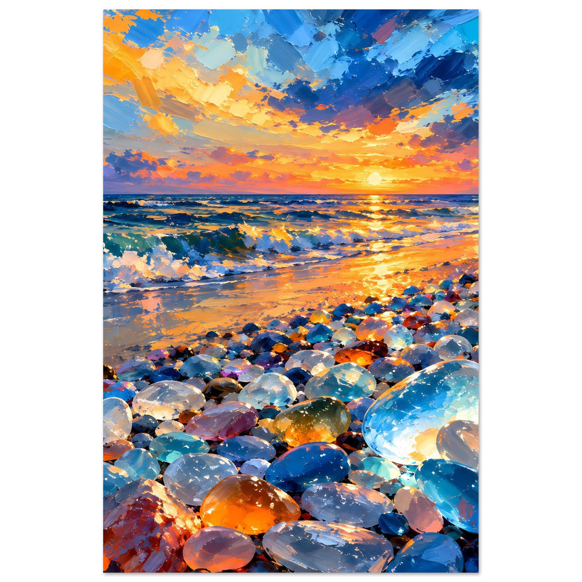 Vertikales Poster mit Sonnenuntergang am Wasser und farbigen, gläsernen Kieselsteinen